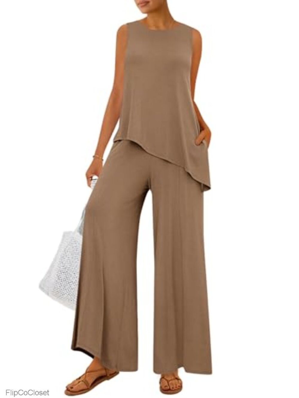 PRETTYGARDEN Women's 2 Piece Ribbed Knit Lounge Set Sleeveless Tank Top Wide
